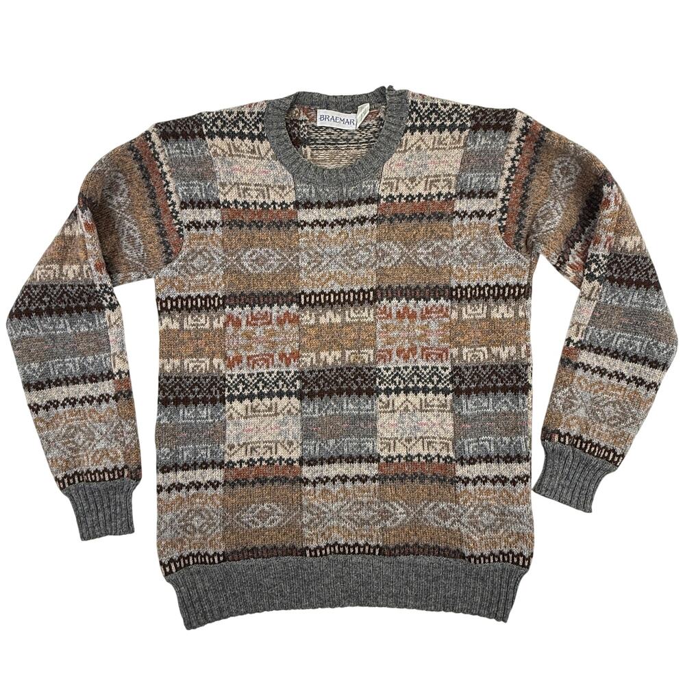 Vintage 80s Braemar Scottish Shetland Wool Fair Isle Sweater Men's M Distressed
